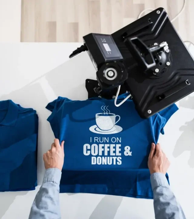bedrucken-eines-blauen-tshirts-fuer-den-online-kaffee-shop