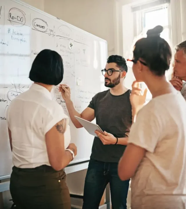 Retaro About us team working together in fron of a whiteboard on a customer project